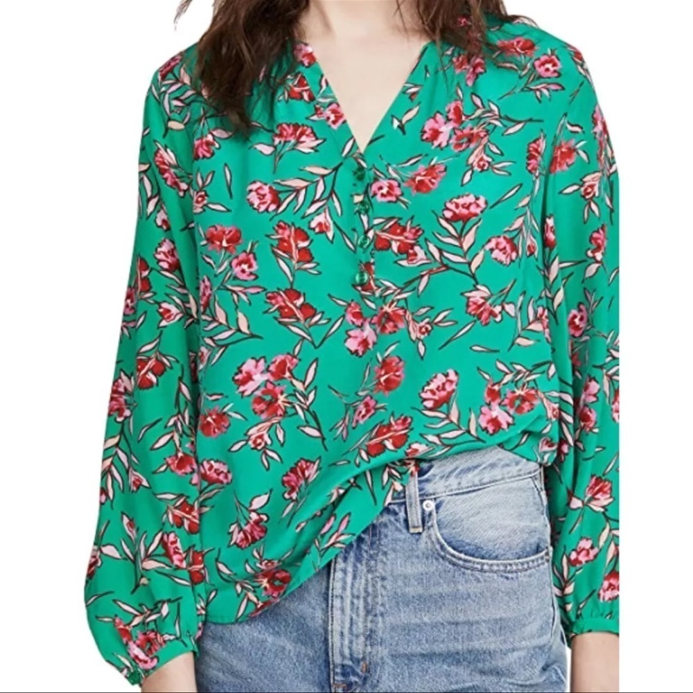 Yumi Kim Size Small 100% Silk Dandelion Emerald Floral Popover Top Long Sleeve